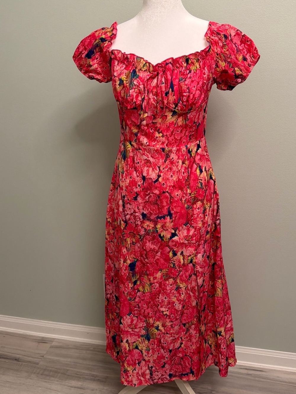 SHEIN Red Floral Puff-Sleeve Midi Dress